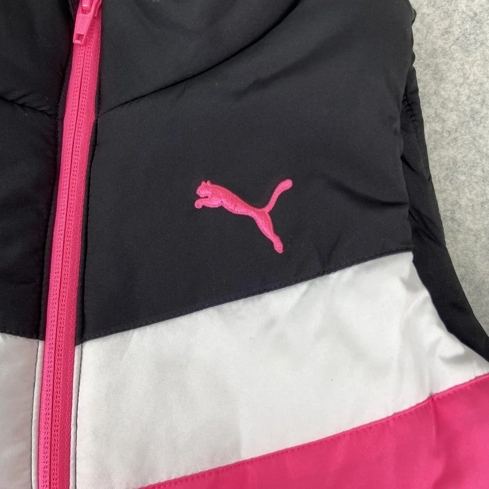 Puma Vest Girls Medium 10/12 Black Pink Puffer Quilted Full Zip Colorblock